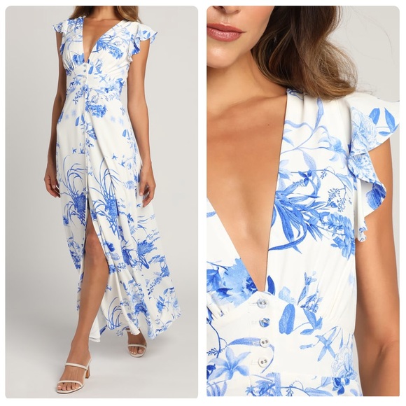 Lulus Botanical Bliss White Floral Print Flutter Sleeve Maxi Dress - Picture 2 of 10